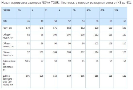 Nova Tour размеры XS-4XL